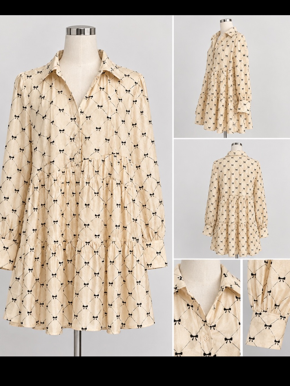 Beige Bow-Print Tiered Button-Front Dress. Oversized